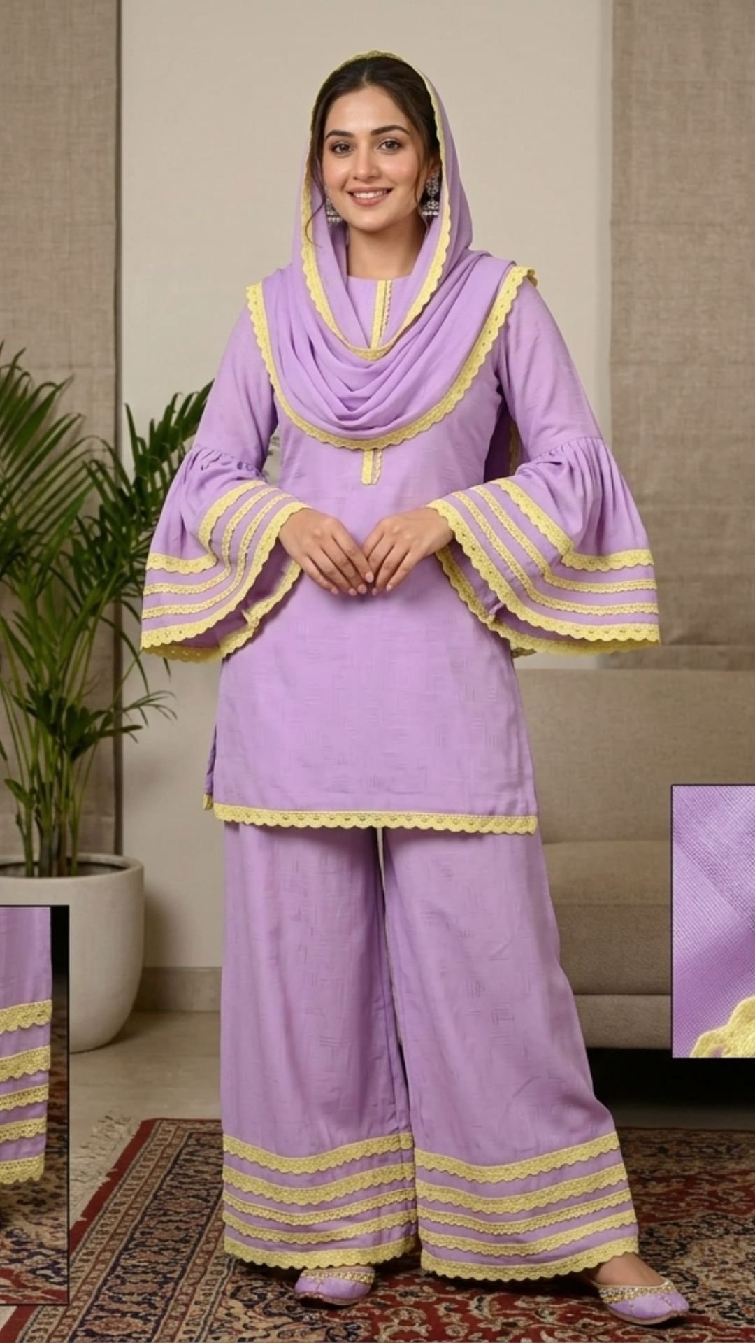 Cotton Suit Material with Matching Crochet Lace & Chiffon Dupatta Set - Image 2