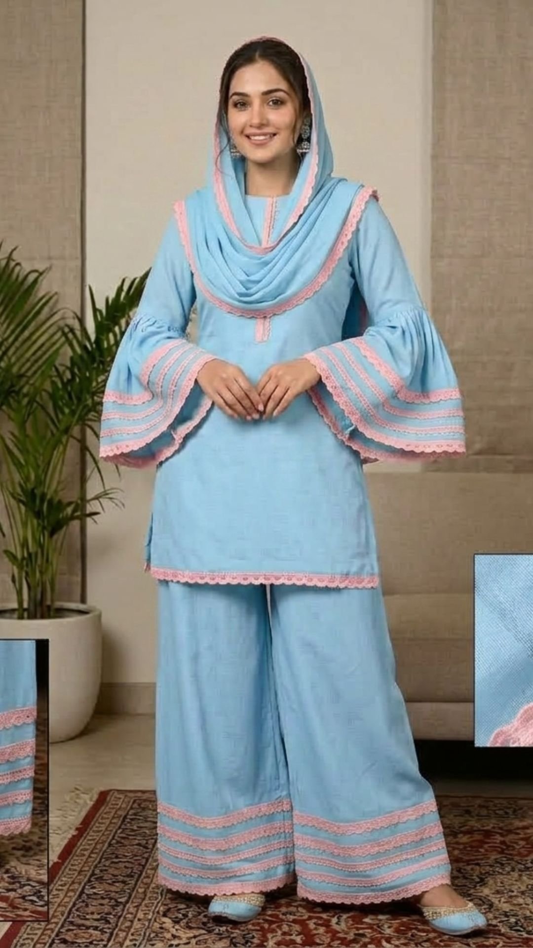 Cotton Suit Material with Matching Crochet Lace & Chiffon Dupatta Set - Image 3