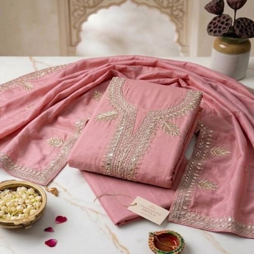 Handcrafted Art Silk Unstitched Suit Material with Fine Embroidery & Dupatta