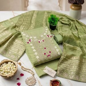 Handcrafted Chanderi Silk Unstitched Suit Material with Fine Gota Patti Work & Dupatta