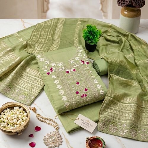 Handcrafted Chanderi Silk Unstitched Suit Material with Fine Gota Patti Work & Dupatta