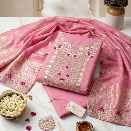 Chanderi Silk Suit Material with Gota Patti Work - Satlooz
